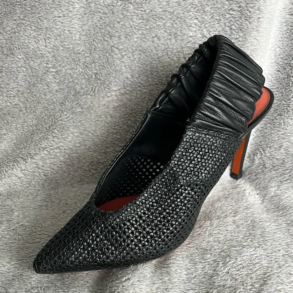 Santoni Black Woven Leather Slingback Heels | Size 36.5 (6.5 US)